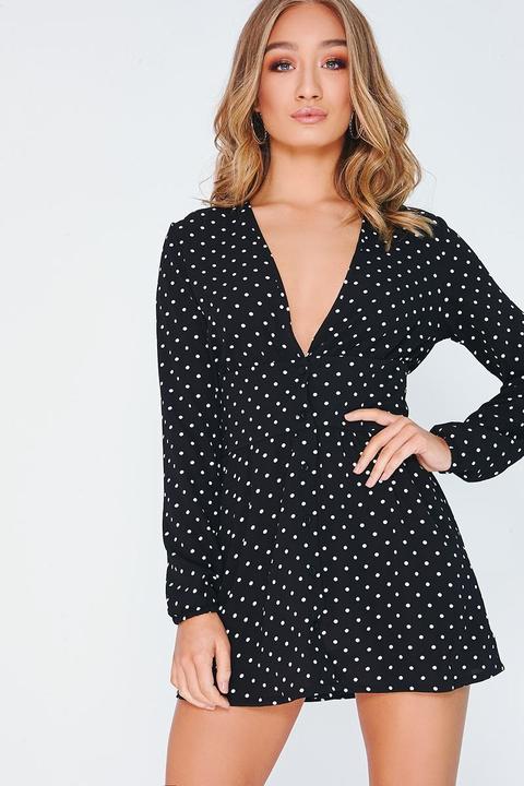 Black Dresses - Dorsey Black Polka Dot Plunge Mini Dress