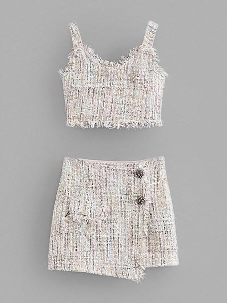 Top Corto Tweed Ribete Con Fleco Con Falda