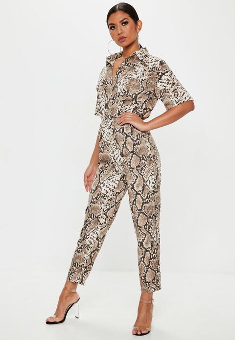 Brown Snake Print Shirt Jumpsuit, Grey