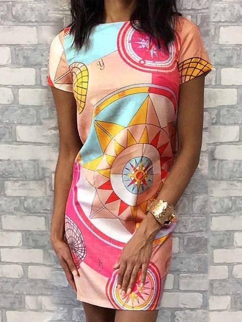 Mini Abito Stampa Geometrica Girocollo Manica Corta Moda Rosa