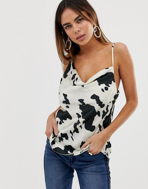 Asos Design Cowl Neck Satin Cami In Cow Animal Print-multi