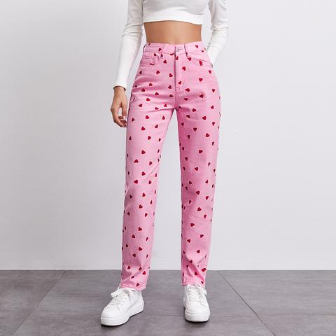 High Waist Heart Print Straight Jeans