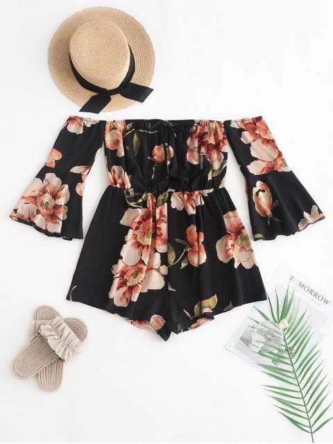 Zaful Fluted Sleeve Floral Off The Shoulder Romper Black Deep Blue Red Wine White