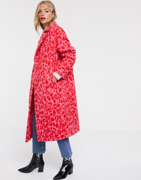 Asos Design Oversized Bright Animal Coat In Pink