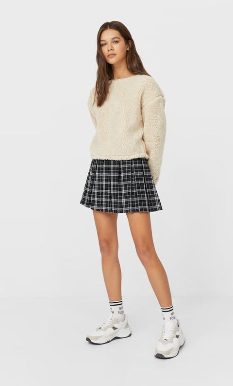Stradivarius Jupe Plissée Carreaux Femme Écru Xs