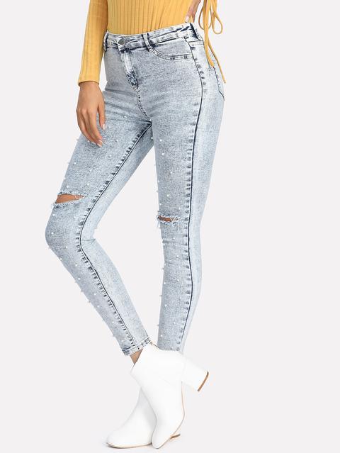 Pearl Beaded Ripped Jeans