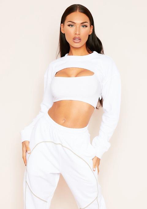Vera White Super Crop Raw Hem Long Sleeve Sweater