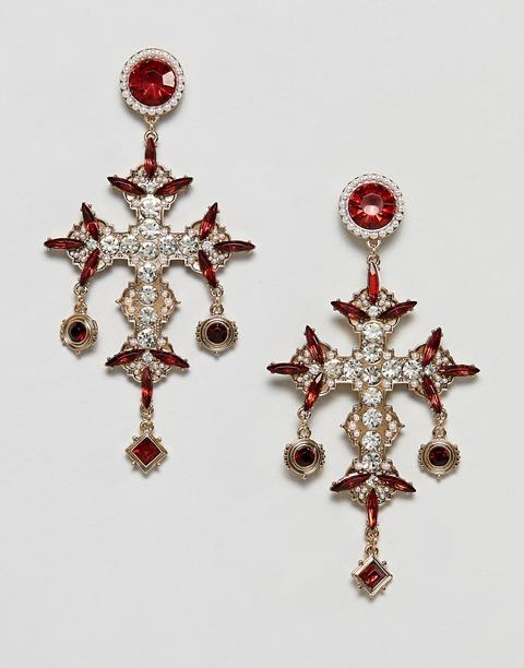 Asos Design Earrings In Vintage Cross Design With Jewels And Pearls In Gold