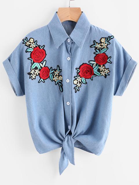 Camicia Di Chambray Fronte Fronte Knot Floreale Ricamato Floreale