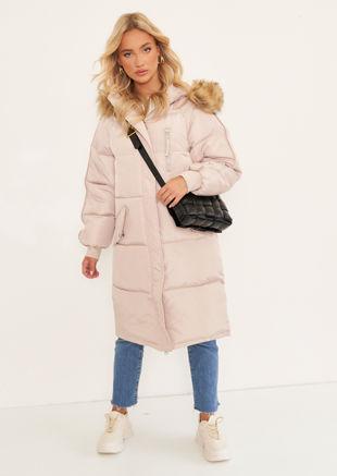 Longline Faux Fur Hooded Zip Up Panelled Puffer Duvet Coat Beige