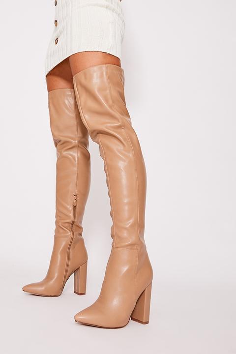 Taupe Boots - Urshia Taupe Faux Leather Over The Knee Boots