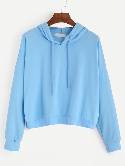 Blue Drop Shoulder Hooded Sweatshirt