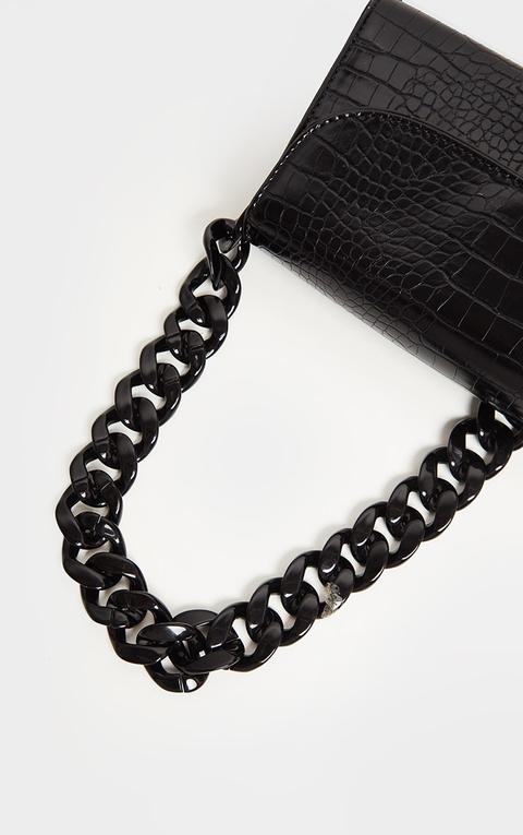 Black Croc Chunky Chain Shoulder Bag