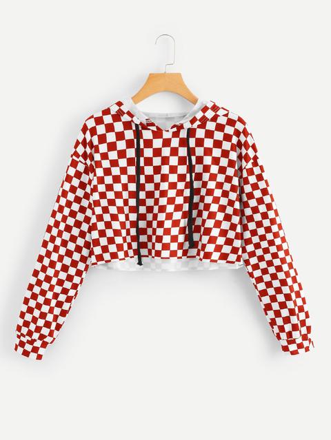 Drop Shoulder Gingham Crop Hoodie