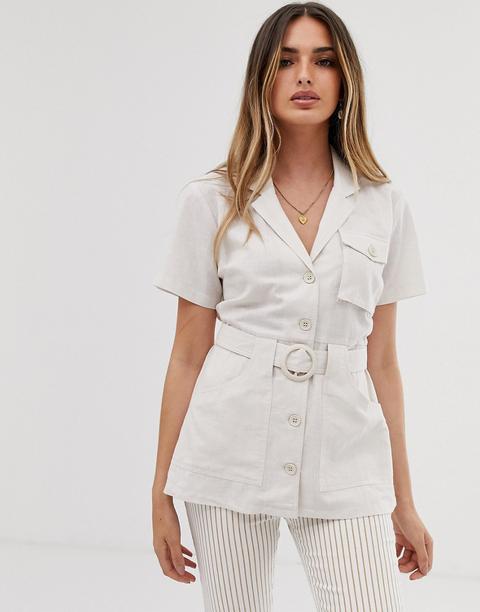 Asos Design Short Sleeve Longline Utility Shirt With Belt Detail-white