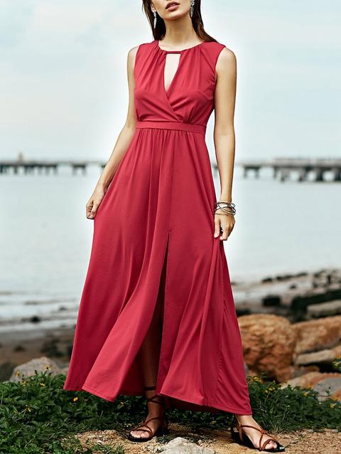 Red Keyhole Neckline Sleeveless Maxi Dress