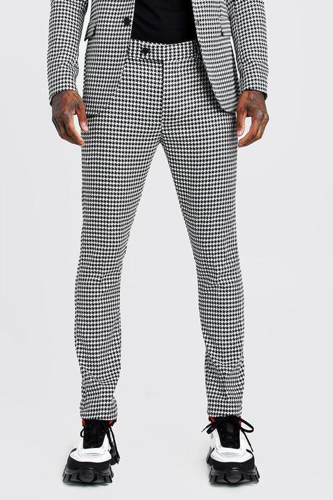 Mens Black Skinny Fit Large Dogtooth Suit Trouser, Black