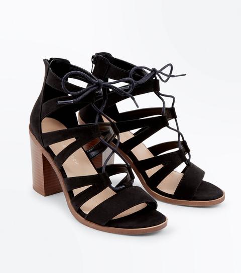 Wide Fit Black Suedette Wood Heel Ghillie Sandals New Look