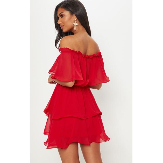 red chiffon bardot ruffle tiered dress