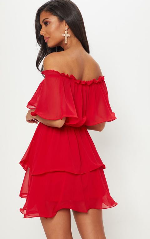 red chiffon bardot ruffle tiered dress