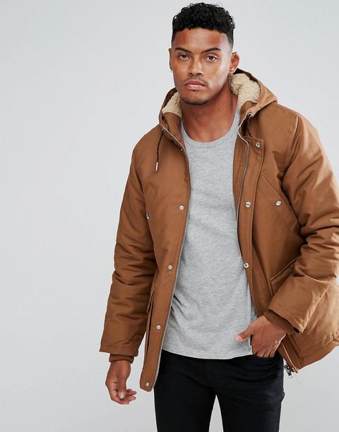 River Island - Parka Con Cappuccio Con Bordo In Sherpa Marrone - Marrone