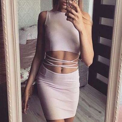 Pink Plain Cut Out Round Neck Sleeveless One Piece Bodycon Mini Dress