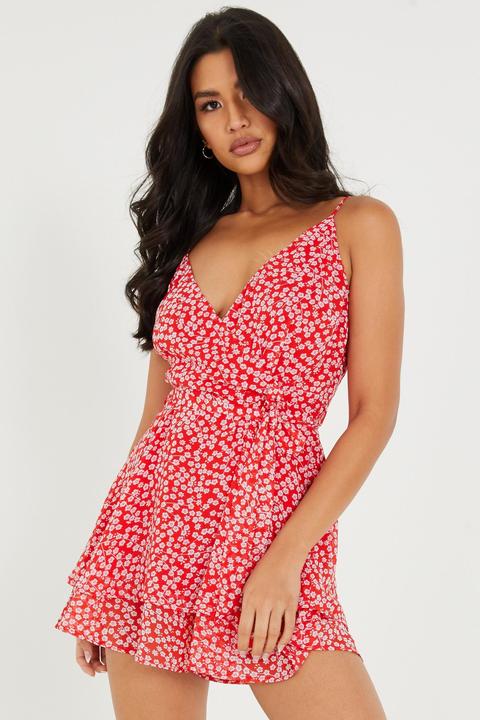 Red & White Floral Wrap Playsuit