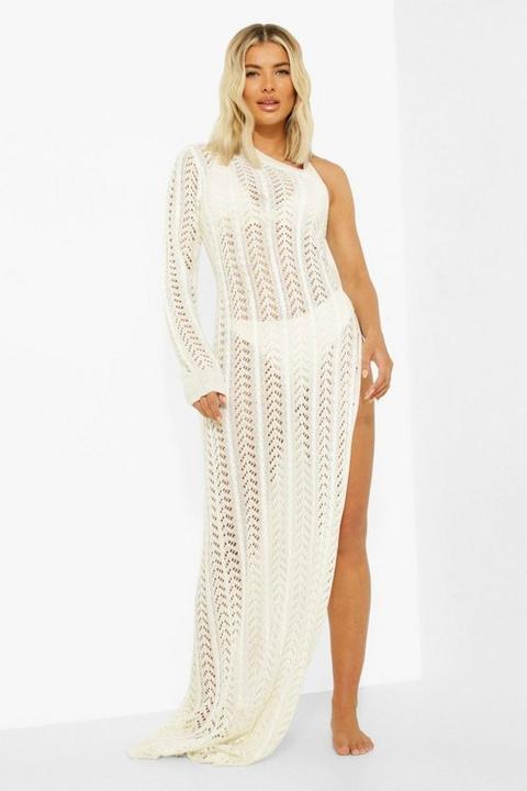 Womens Crochet One Shoulder Maxi Split Beach Dress - White - M, White