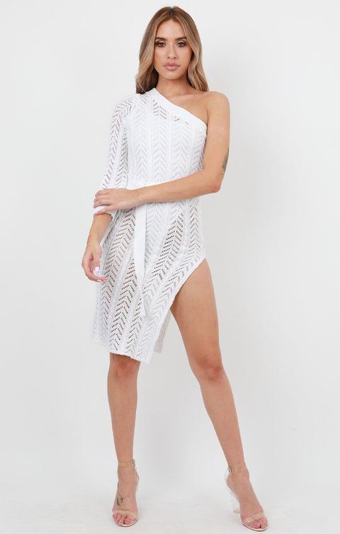 white crochet one shoulder dress