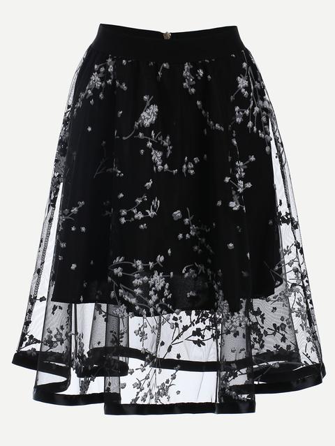 Blossom Print Mesh Overlay Midi Skirt - Black