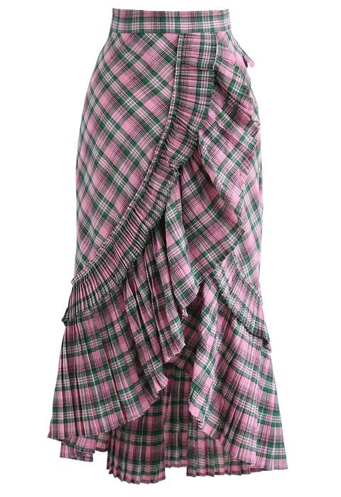Applause Of Ruffle Tiered Frill Hem Skirt In Pink Plaid
