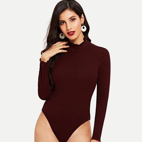 Body Tejido De Canalé De Cuello Alto Ribete En Forma De Lechuga