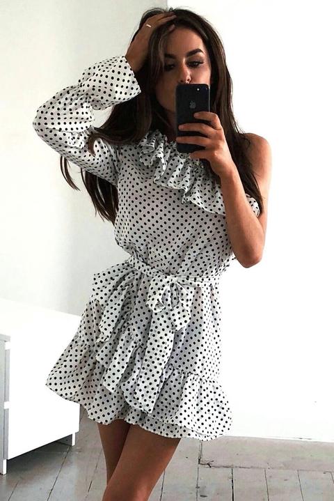 White And Black Polka Dot One Shoulder Frill Dress - Zyann