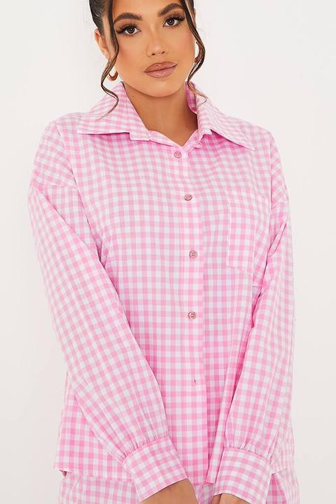 Pink Gingham Cotton Pyjama Shirt , Pink