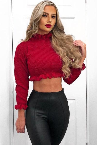 Red Ruffle Hem Chunky Knit Crop Jumper - Alannah