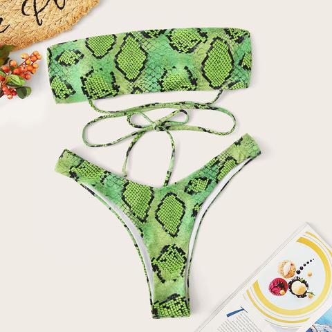 Snake Print Bandeau With High Cut Bikini Set