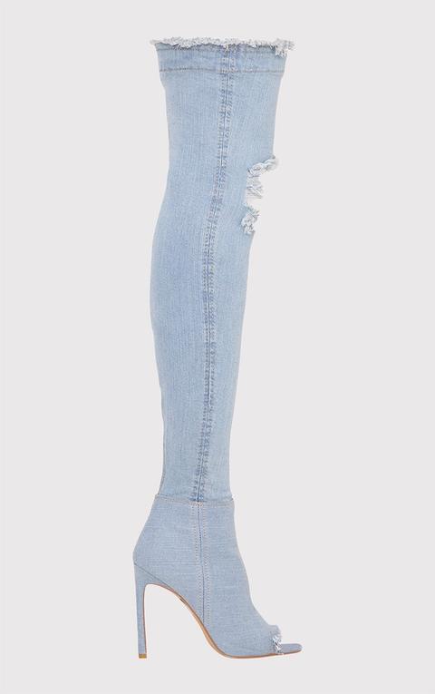 Kaylia Distressed Light Wash Denim Peep Toe Thigh Boots