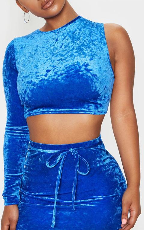 Blue Velvet One Shoulder High Neck Crop Top