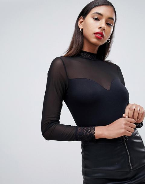 Morgan Sheer Top With Lace Trim In Black