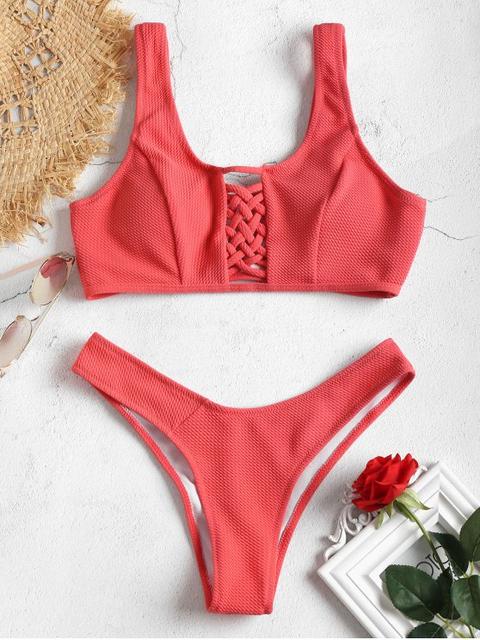 Lattice Front Tank Bikini Bee Yellow Watermelon Pink