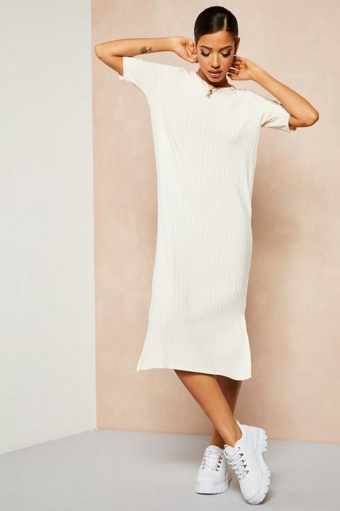 Womens Recycled Rib Tunic Midi Dress - Cream - 10, Cream