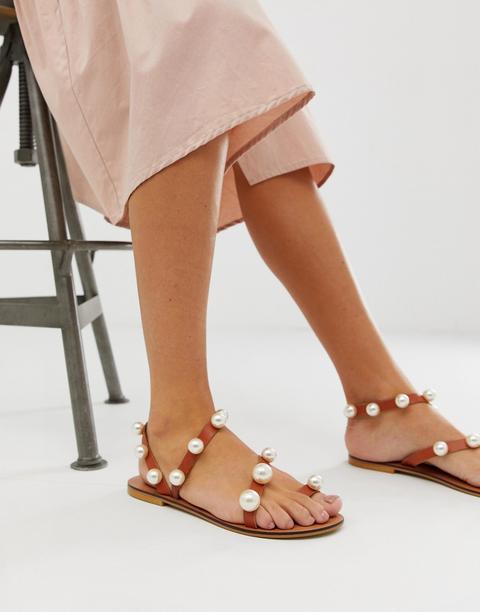 Asos Design Fare Leather Pearl Flat Sandals