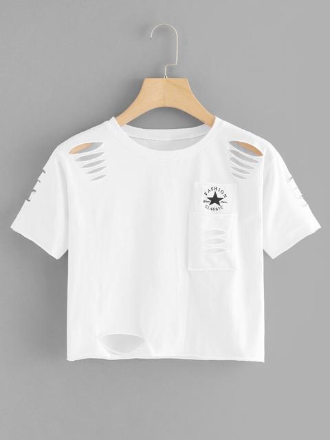 T-shirt Corta Strappata Con Taschino
