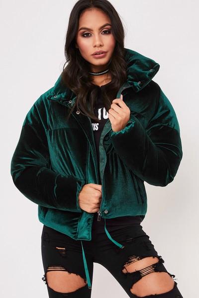 Zara Green Velvet Puffer Jacket from 