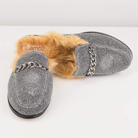 Ilean - Fur Loafers In Grey Glitter