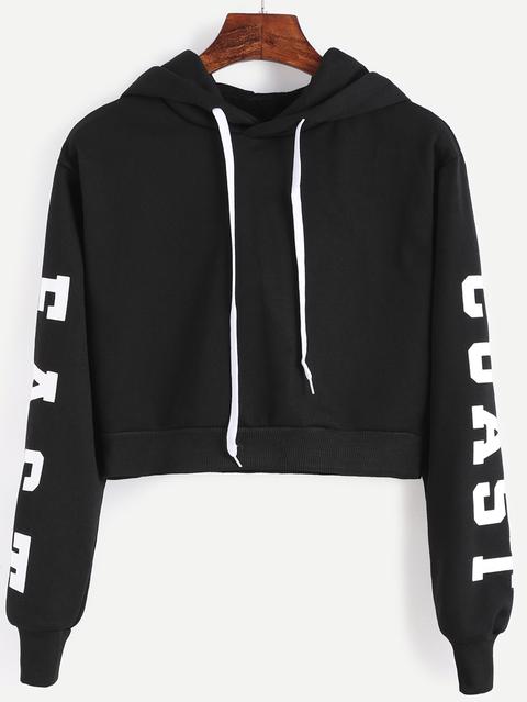 Black Hooded Letters Print Crop Sweatshirt