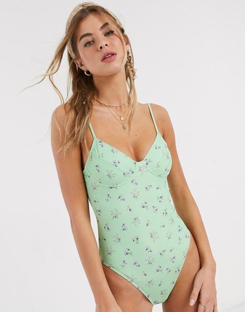 Bañador Escotado Con Detalle De Costuras En Verde Manzana Con Estampado De Florecitas De Asos Design-multicolor