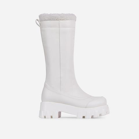 Run-the-world Faux Fur Trim Chunky Sole Knee High Long Wellington Boot In White Faux Leather, White