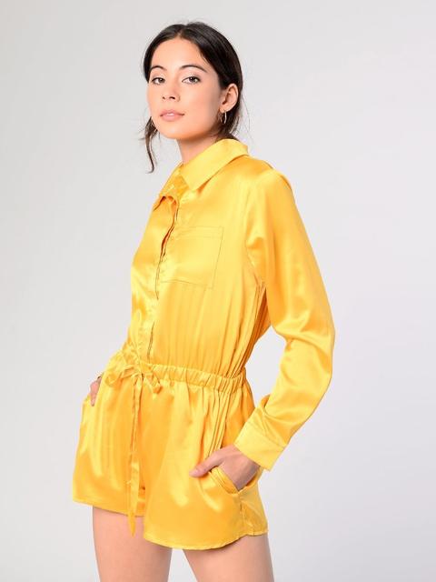 Petite Mustard Satin Button Front Playsuit