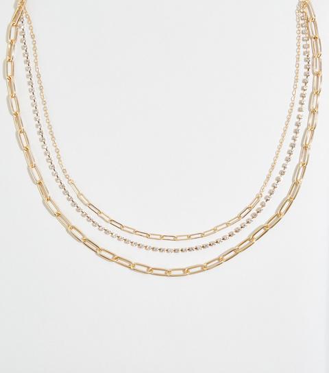 Gold Triple Chain Diamanté Layered Necklace New Look